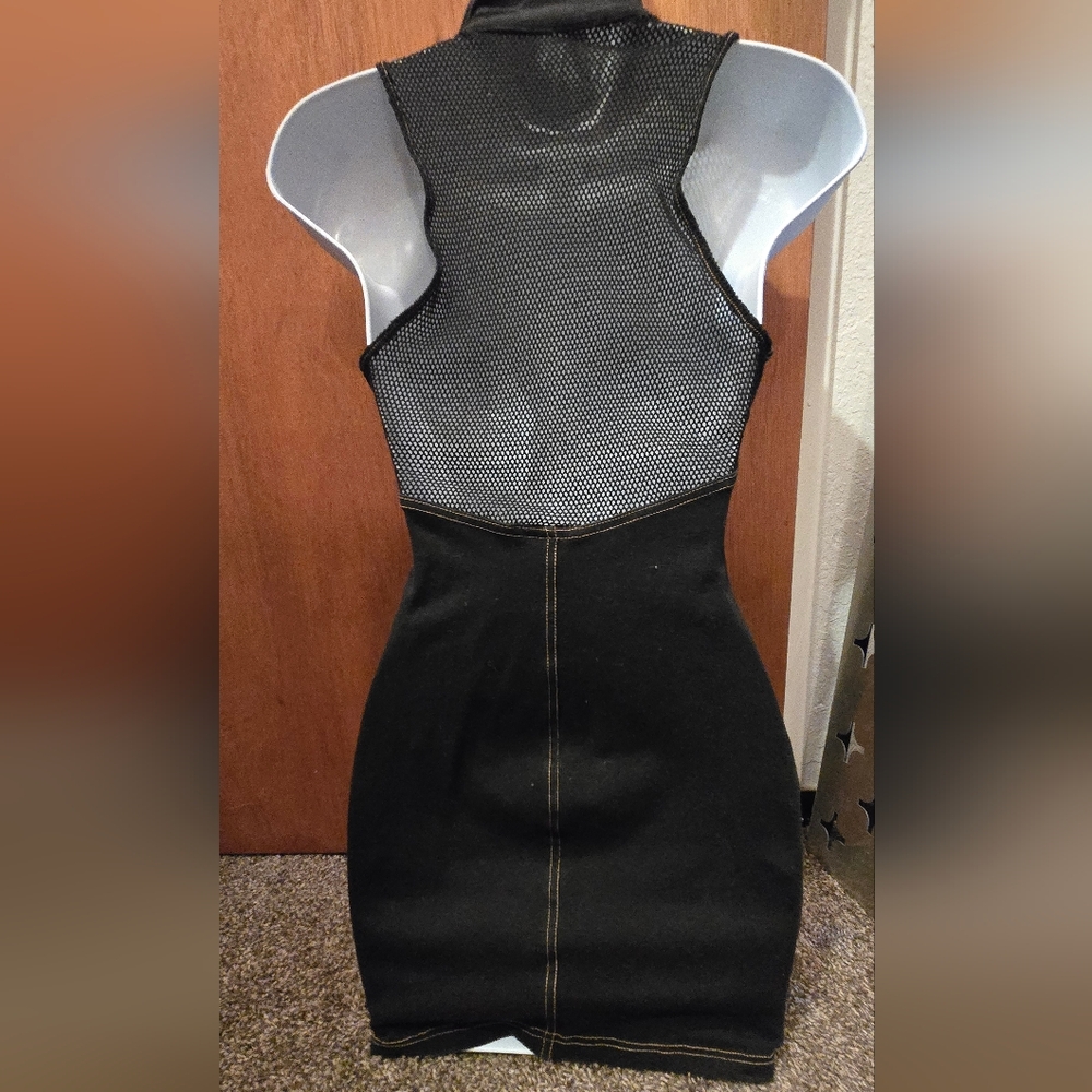 Peep Vintage Denim Look Chic Black Button-Up Stretch Dress SzS - Picture 7 of 10